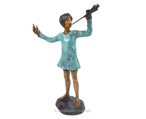 In the manner of George Frampton, a bronze figure of J M Barry's Peter Pan, raised on a scenic base, 50 x 31 x 16cm.