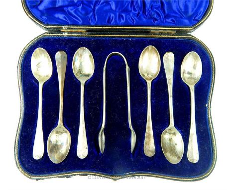 An Edwardian set of six silver Hanoverian pattern coffee spoons and matching tongs, London, 1902, William Hutton & Sons, with