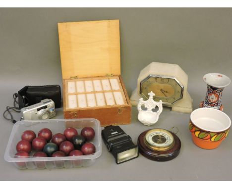 A Poole pot, billiard balls, a Deco wall clock, etc