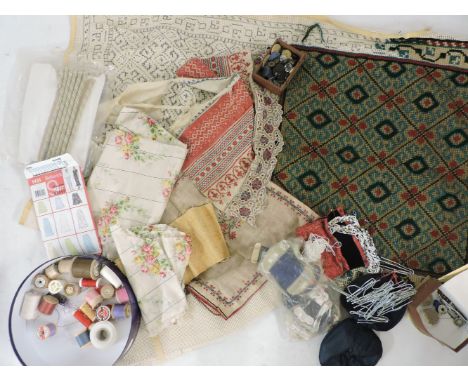 A quantity of sewing related items, including tapestry wools, threads, vintage button cordings, and fabric swatches