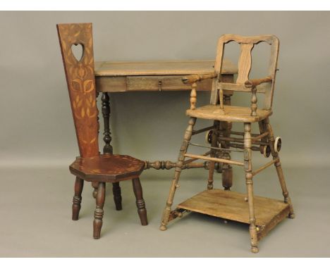 An 18th century style oak side table, with single drawer, a Victorian child's high chair, and an inlaid spinning chair