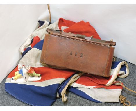 A late 19th/early 20th century leather bowls bags and bowls, renovated by Jaques of London, three large Union Jack flags, and