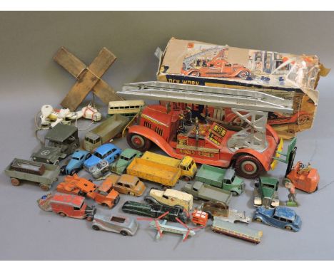 A Mettoy No 3110 tin-plate clock work fire engine, together with a  collection of play worn Dinky, Meccano Liverpool and Tria