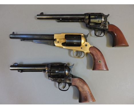 Three blank firing replica western revolvers, one a Remington New Army cal 9, two 1858 patt Colts