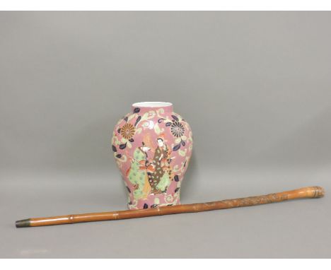 A 20th century Japanese vase, in the Arita style, of two geisha playing flute against a pink ground, and a Japanese bamboo wa