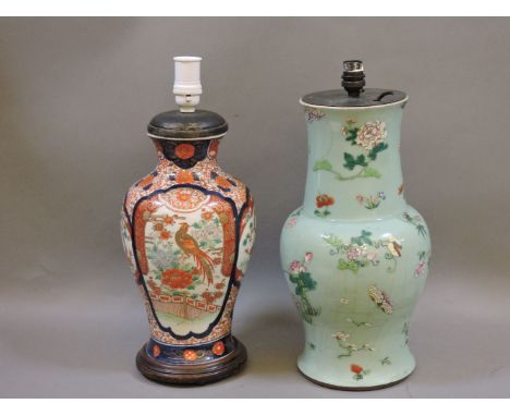 A Chinese celadon vase, converted to a table lamp, and an Imari vase, as a lamp