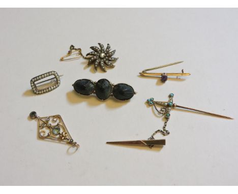 Four diamond and split pearl gold sunburst brooches, other gold brooches, and a gold pendant