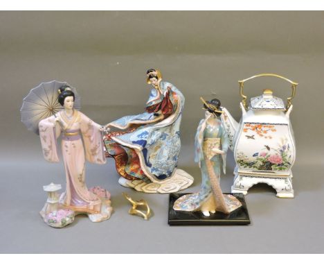 Three Franklin Mint porcelain Japanese figures, a teapot, a Japanese print, and a pair of Chinese embroidered panels