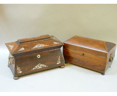 Two Victorian rosewood tea caddies, one with mother of pearl inlay
