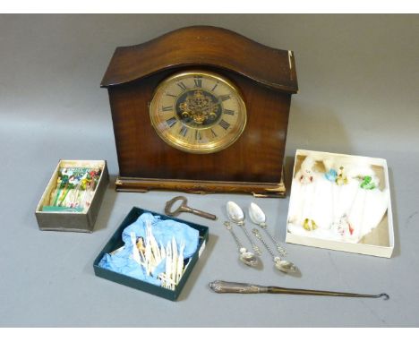 A mantel clock, with Victorian movement and a later case, a collection of glass swizzle sticks, and Continental spoons stampe