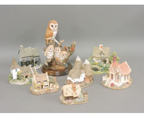 Seven Lilliput Lane cottages, and a Worcester model of an owl and chicks