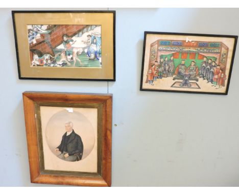 Two 19th century Chinese pith paper gouache pictures, one depicting the Emperor & Empress, the other a battle at the great wa