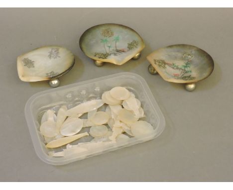 Mother of pearl counters, and three dishes