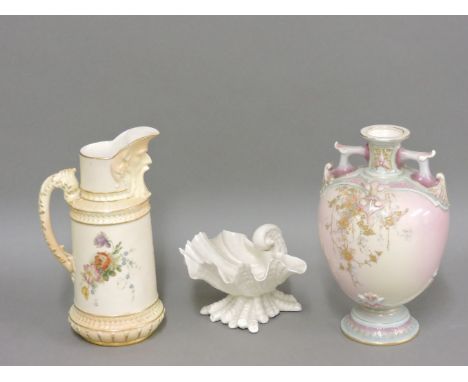 A Royal Worcester vase, shape no 1654, painted with flowers, another, shape no 1366, and a shell bowl