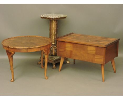 A walnut coffee table, a parquetry work box, and a marble and giltwood stand