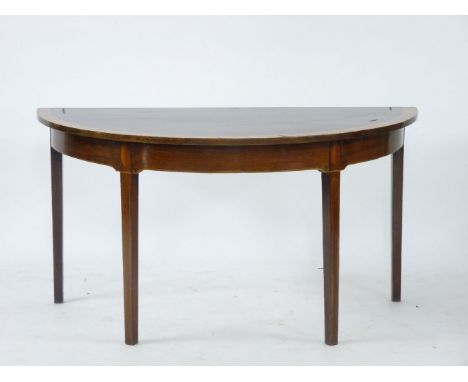 A George III mahogany demi lune pier table, with strung and broad satinwood crossbanded decoration, 138cm wide