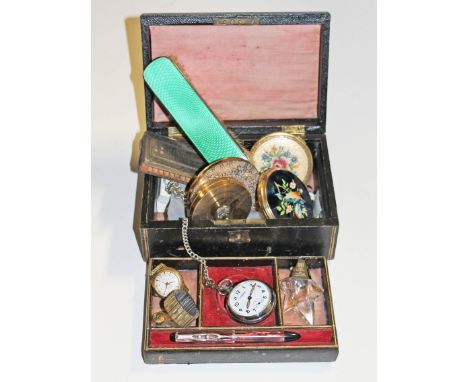 A mixed lot to include vintage compacts, a hallmarked silver and enamel back brush, a Thoral gold plated wristwatch etc. etc.