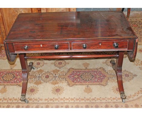 A Regency mahogany sofa table, width 107cm, depth 57cm & height 69cm. CONDITION REPORT - not great, back right leg loose, rep