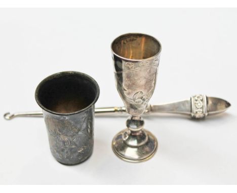 Two Russian hallmarked silver kiddyish cups and an English hallmarked silver handled button hook.