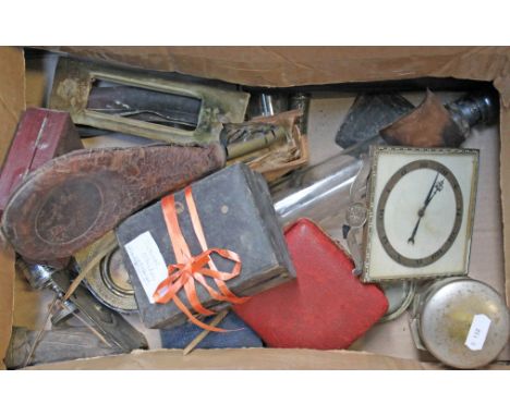 A box of bric-a-brac to include clocks, bottles, shot flask etc. etc.