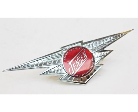 A Jensen enamel and chrome classic car badge, length 18cm. PROVENANCE - the car badges lots 189-196 have been bought from new