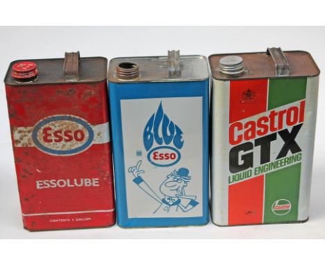 Three vintage oil cans. CONDITION REPORT -  essolube with rust and pitting, general wear throughout to include dings and scra