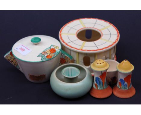 Clarice Cliff comprising a twin handled pot and cover, three piece cruet and a posy holder, together with a Villroy & Boch st