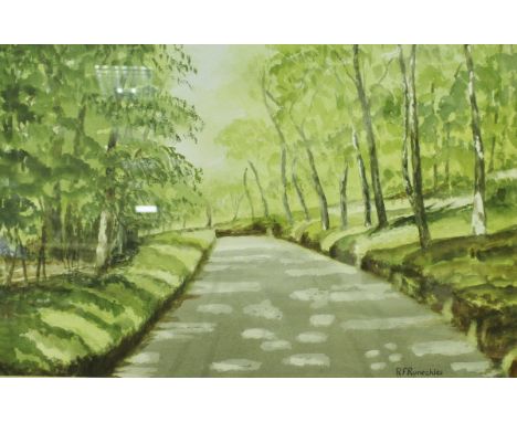 R F RUNECKLES "A country lane on Exmoor", watercolour, signed lower right, bears information label verso, together with a box