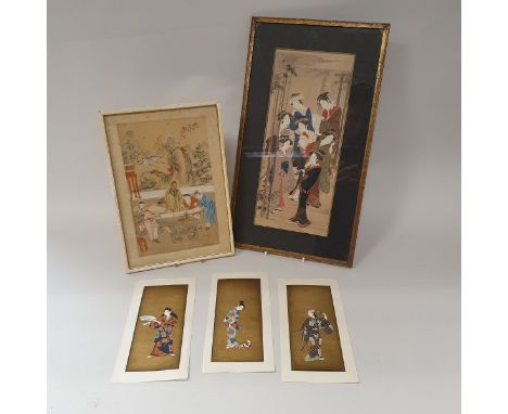 A collection of four various Japanese Meiji period woodblock prints, a folder of four Chinese woodcuts reproduced by hand on 