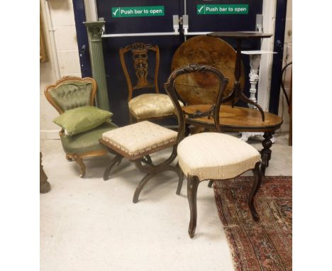 A collection of furniture to include a Victorian x-frame dressing stool, a stained beech framed button back nursing chair, an