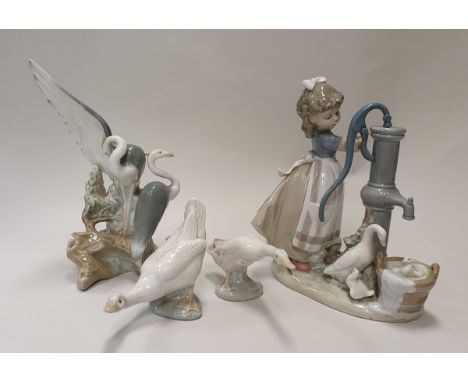 A Lladro figure group "Girl at the Pump" with geese and goslings, Lladro figure of two cranes, figure group of three geese, t