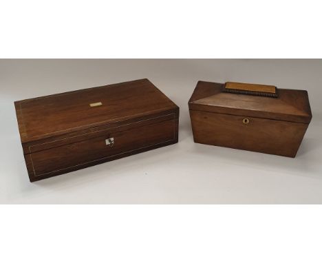 A Victorian rosewood writing slope with pewter stringing and a Victorian mahogany tea caddy of sarcophagus form
