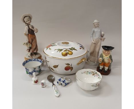 A box containing assorted china wares to include a Royal Doulton "Happy John" Toby jug,  Royal Worcester "Evesham" pattern ta