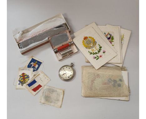 A collection of ephemera and sundry items to include WWI silk greeting cards inscribed "Birthday Greetings", Not Absent in Th