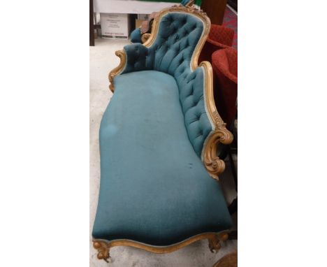 A Victorian salon suite comprising chaise longue, gentleman's chair and lady's chair with birdseye maple show frames and turq