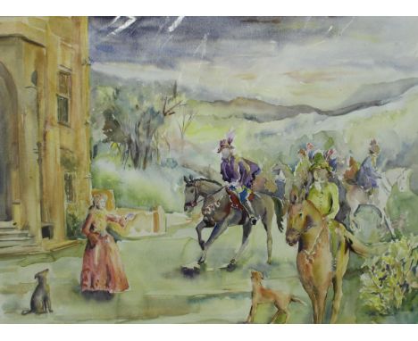 MOLLY WOOLLET  "THE HUNTING PARTY, NEWARK"  unframed watercolour, signed lower right,  together with two framed prints depict