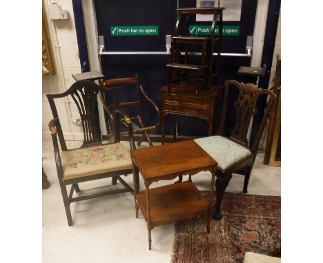 A collection of furniture comprising a 19th Century Chippendale style dining chair, an 18th Century provincal elbow chair, a 