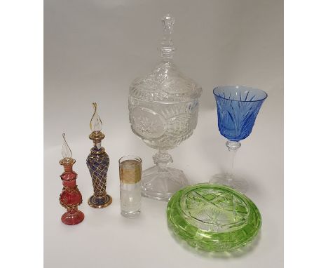 A Waterford cut crystal pedestal fruit bowl, water jug with etched decoration of a mallard drake, pedestal jar and cover, fou