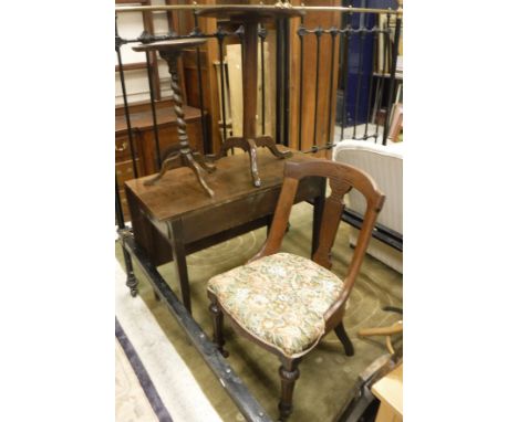 A set of three Victorian dining chairs, small footstool, two pedestal occasional tables, barometer and a single drop leaf tab