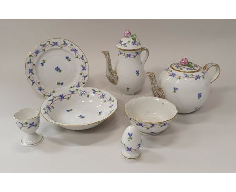 A Herend "Cornflower" pattern duet breakfast set comprising cups and saucers, cereal bowls, two pairs of egg cups, salt and p