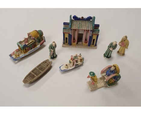 A collection of various Chinese items to include two boxes of pottery miniature village model pieces with figures, buildings,