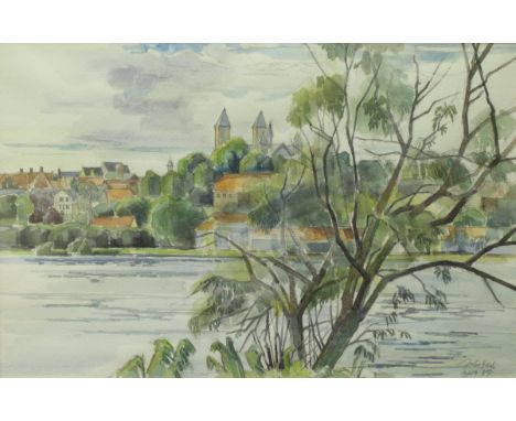 ENGLISH SCHOOL "View from the Lake", landscape depicting a view across a lake with buildings and trees in the background, wat