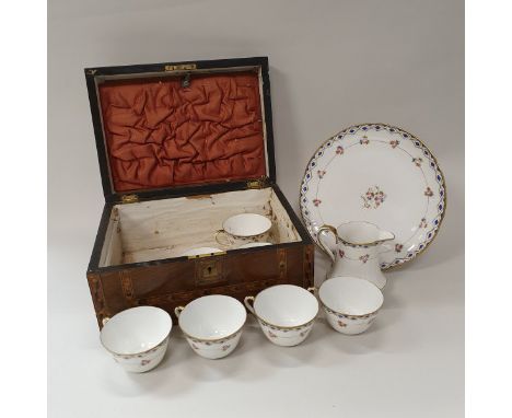 A box containing a Noritake part tea service, together with a Victorian walnut and inlaid work box (missing interior) and var