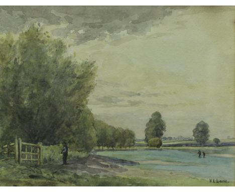 W.L. LANE "Fishermen" scene depicting three fishermen on river, watercolour signed lower right together with a further waterc