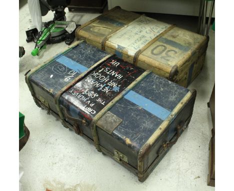 A canvas covered wooden travel trunk inscribed '"Major P.V. Hervey, 15/19 Hussars" together with a further wooden travel trun