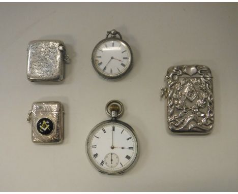 A white metal Masonic vesta case depicting a laurel wreath with Masonic symbol, initialled "G" to front, together with anothe