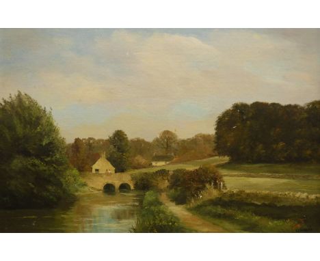 E J WILSON "River landscapes", oil on board, a pair, signed lower right, together with GB "Tetbury Church with The Bartons in
