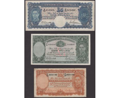 Commonwealth of Australia, 10 Shillings, ND (1939), serial number F/12 905146, Sheenan and McFarlane signatures, also £1 and 