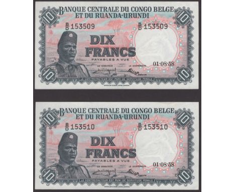 Banque Centrale du Congo Belge et du Rwanda-Urundi, 10 Francs (2), 13 March 1951, serial numbers B/D 153509-10, one light cen
