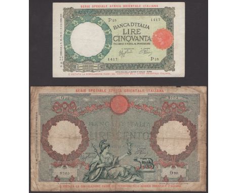 Banca d’Italia, Italian East Africa, 50 and 100 Lire, 1938, serial numbers P18 1417 and G20 9705, light pressed fine, and ver